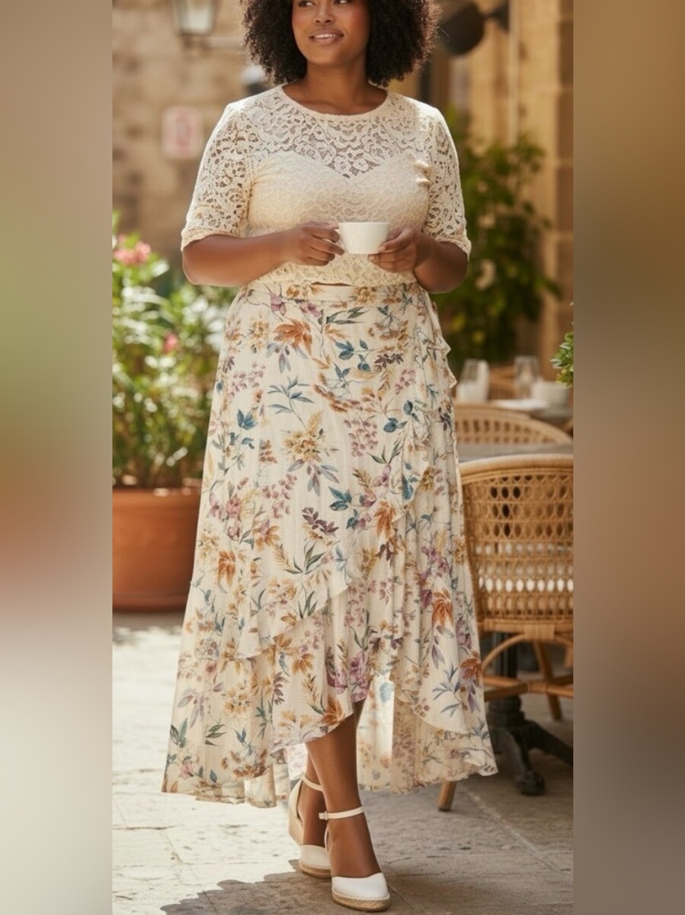 Torrid Floral Cream High-Low Wrap Skirt with Ruffle